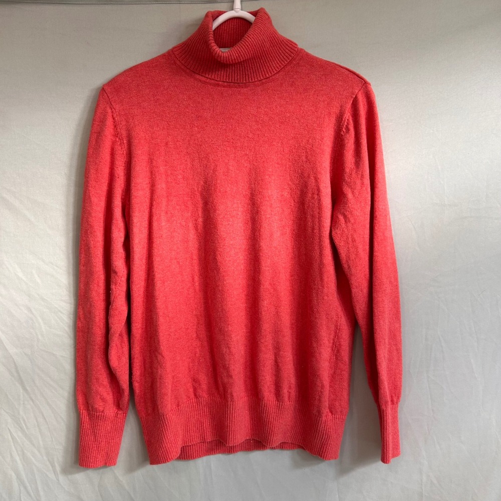 LL Bean Womens M Coral Pink Cotton Cashmere Blend Turtleneck Sweater Preppy
